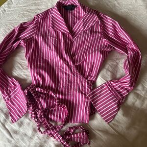J Peterman Pink Stripe Collared Wrap Top Size 10